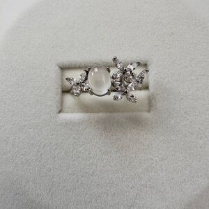 925 Sterling Silver Natural Moonstone Floral CZ Adjustable Ring